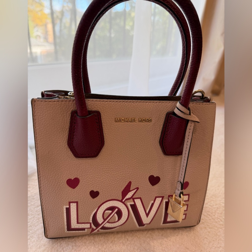 Michael Kors Cream and Burgundy Love Hearts Satchel Bag